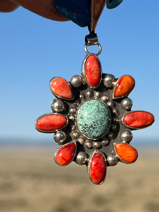 Navajo Sterling Turquoise and Spiny Pendant