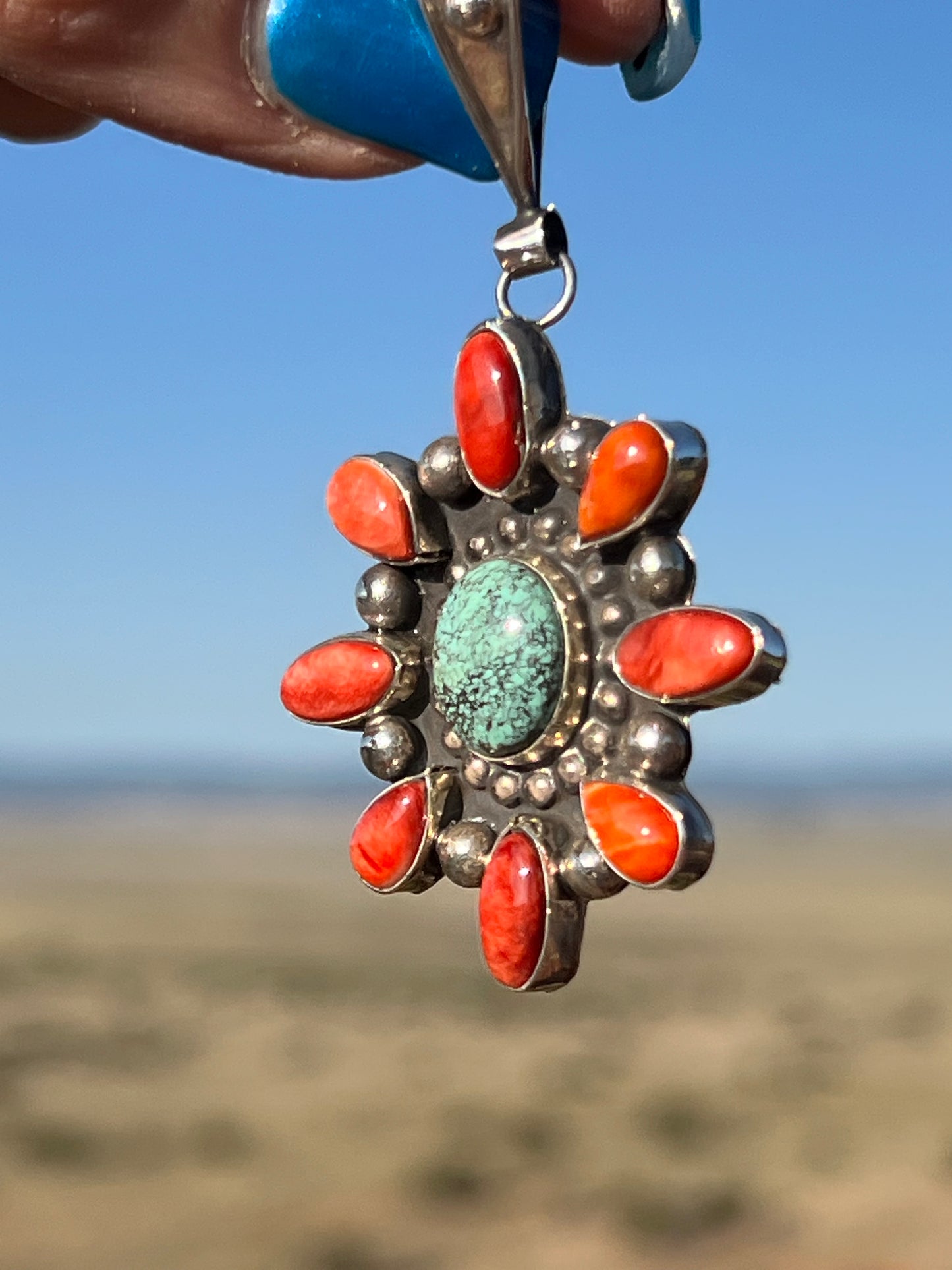 Navajo Sterling Turquoise and Spiny Pendant