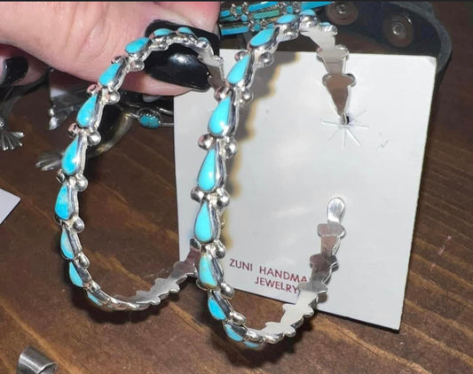 Zuni sterling silver turquoise hoop earrings