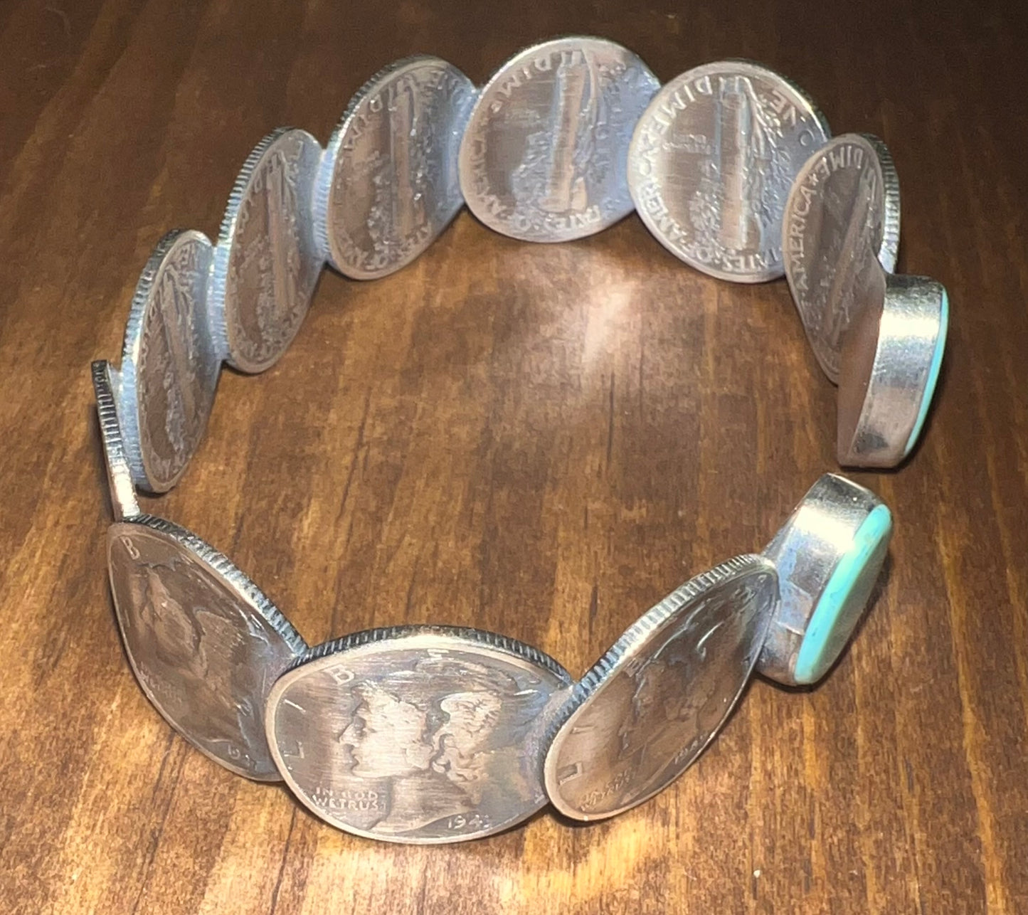 Navajo Made Sterling Silver Mercury Dime Turquoise Cuff