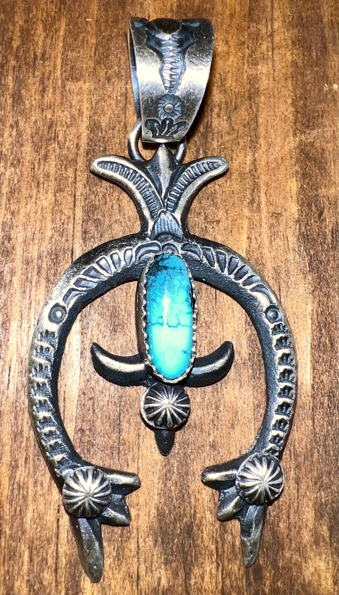 Navajo Made Sterling Silver Turquoise Naja Pendant