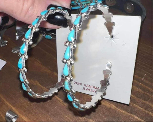 Zuni Sterling Silver Turquoise Large Hoop Earrings