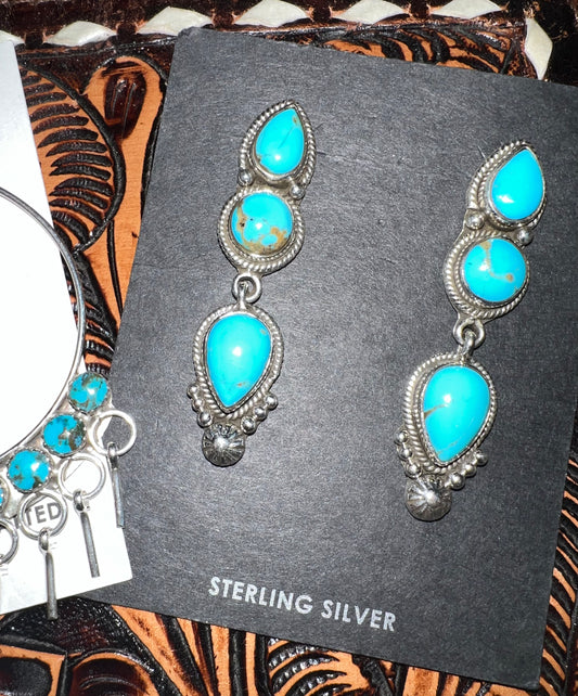 Southwest Sterling Silver Three Stone Earrings