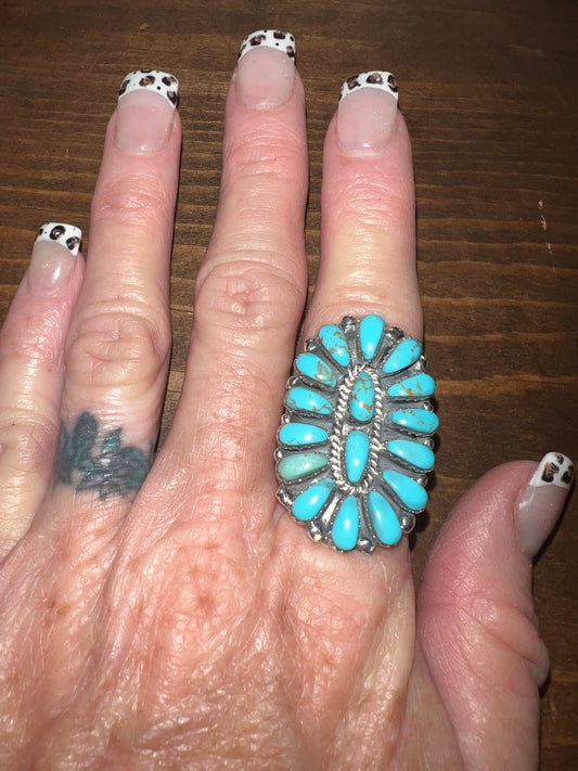 Navajo sterling silver turquoise block cluster ring