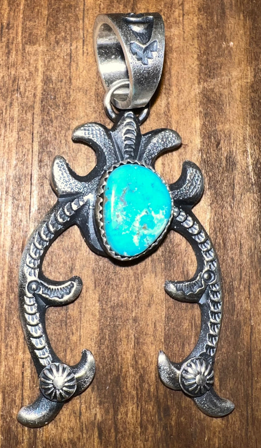 Navajo Made Sterling Silver Turquoise Naja Pendant