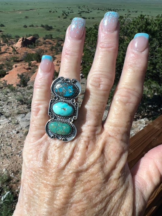 Navajo made sterling silver turquoise three stone ring
