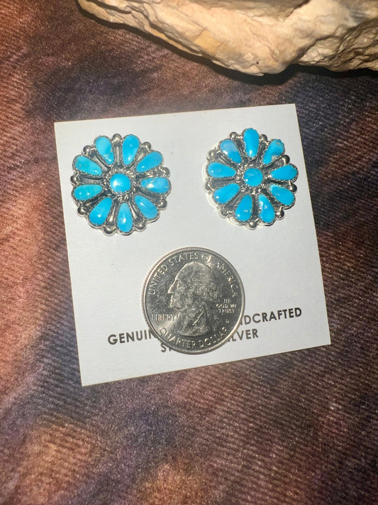 Navajo made sterling silver turquoise cluster earrings