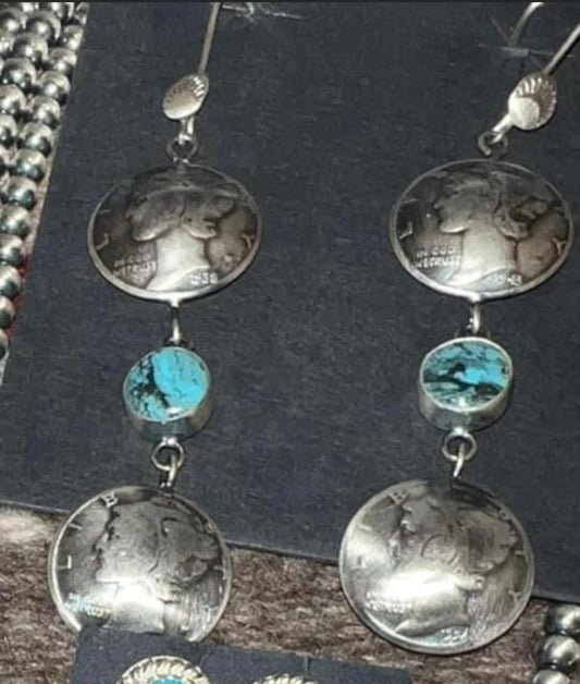 Stunning Sterling Turquoise Mercury Dime Earrings