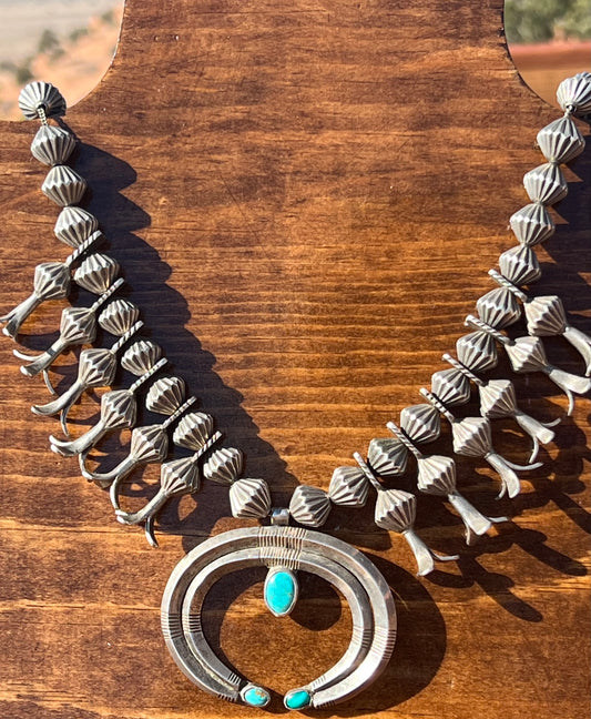 Vintage Navajo Sterling Turquoise Squash Blossom Necklace