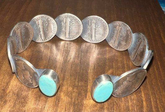 Navajo Made Sterling Silver Mercury Dime Turquoise Cuff