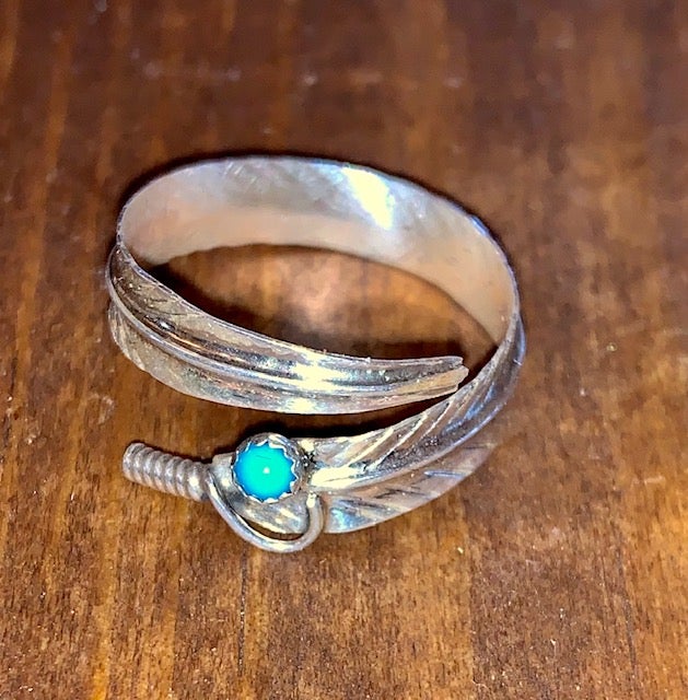 Navajo Made Sterling Silver Turquoise Feather Ring